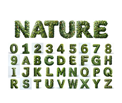 Font Design, Alphabet And Numbers made out of Leaves. alphabet alphabet design floral font deisgn frame grass green isolated leaves leaves font letter nature number deisgn png quality text textstyle tree typography white background