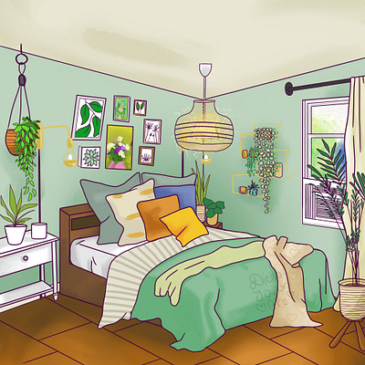 Green Plant Bedroom digital art digital illustration