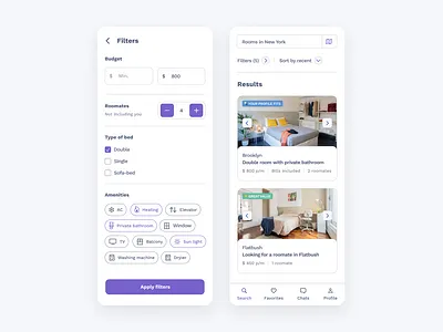 Roomate finder app app dailyui design system discovery filtering filters interface ios marketplace roomate typography ui uidesign