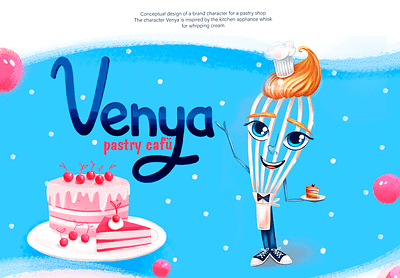 A mascot for a pastry shop blue brand character cake character character chef chef confectionery corolla identity lettering mascot pastry chef pink cake