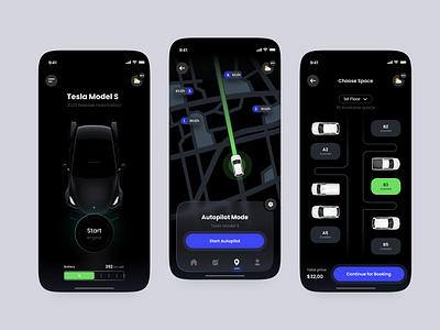Park your Tesla app car darkmode design park parking tesla ui