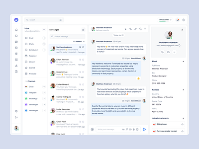 Chat view assigned channels chat view chats crm email gmail inbox message app message application message thread message view product designer profile profile panel profile view richtext editor saas sergushkin sidebar