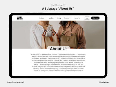 Daily UI Challenge #49 about us aesthetic bags design ecommerce image ui uichallenge ux uxdesigner uxui web design