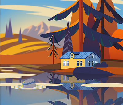 Дом на озере adobe illustrator design postcard вектор иллюстра