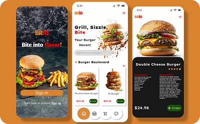 BRIO app design animation app design black branding brown burger burger place creamy figma food landing page logo red ui ux white