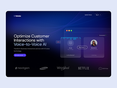 Voice-to-voice AI website design ai ai platform ai website chatgpt clean custom illustrations customer ai design hero section interaction landing page voice voiwise