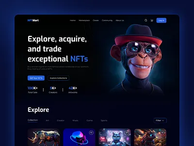 Conceptualized NFT Exploration: User-Friendly Marketplace Design blockchain collectibles landing page nft marketplace nftcommunity nftmarketplace ui userexperience webdesign