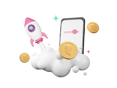 Skyrocket Your Earnings 3d app blender coin illustration launch lazypay phone rocket ui