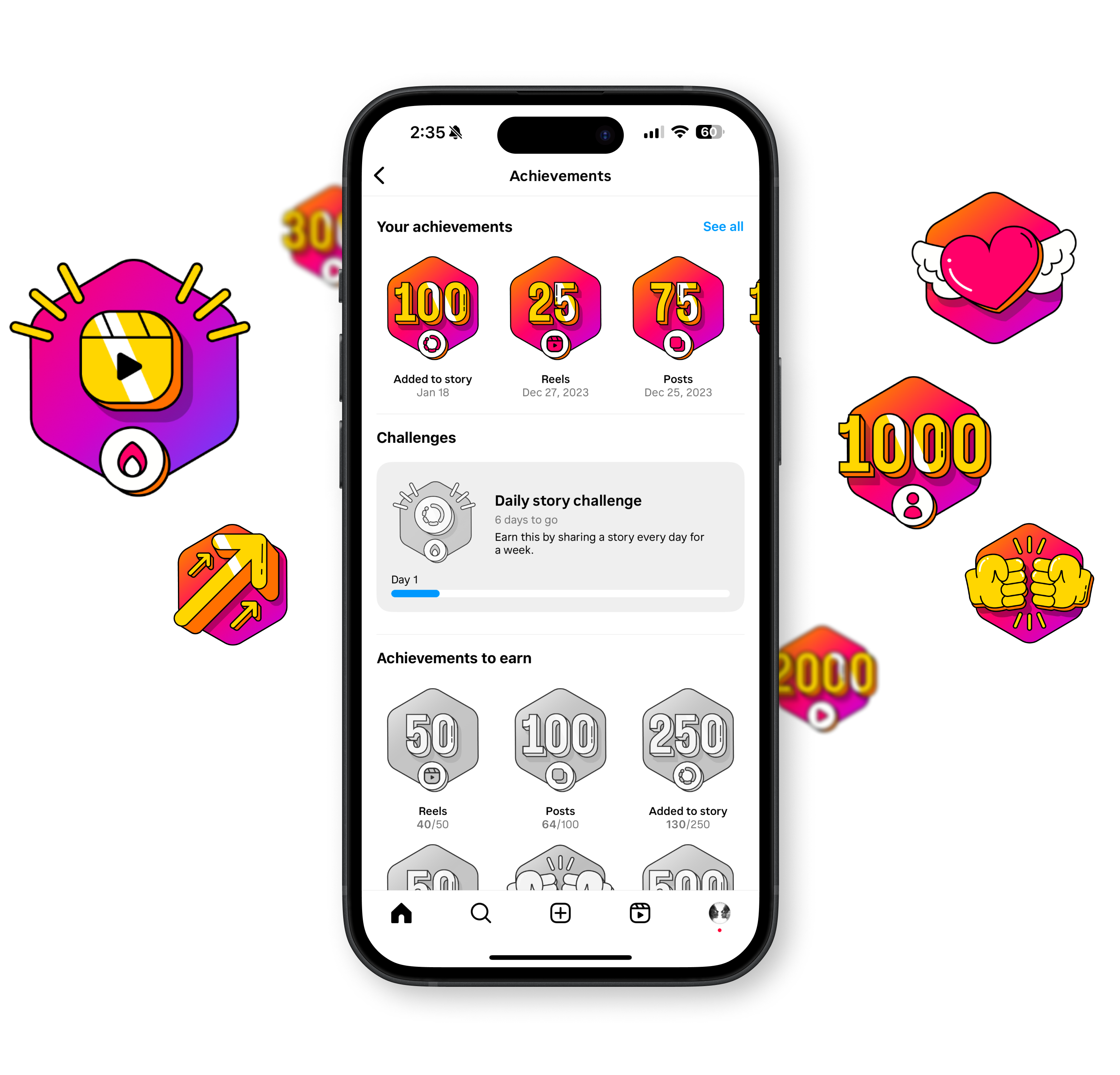 Instagram achievements achievements branding illustration instagram interface product design