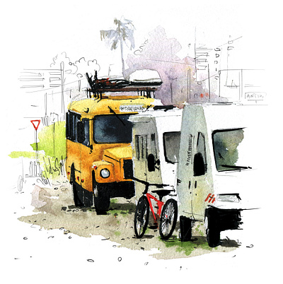 Yellow bus aquarelle art auto bus illustration nature sketch t watercolor watercolour