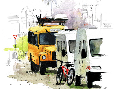 Yellow bus aquarelle art auto bus illustration nature sketch t watercolor watercolour
