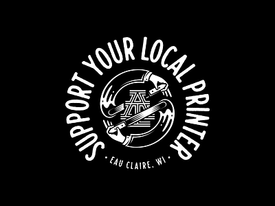 Support Your Local Printer badge hands illustration merch monogram print shop support local t shirt design tee design typography