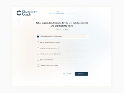 Onboarding survey branding design log in flow multi select onboarding product design progress bar survey ui ux web design