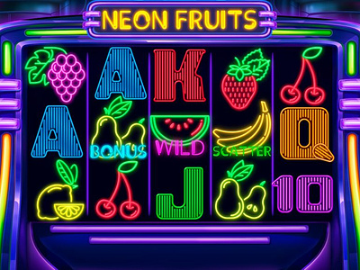 The Main UI design for the online slot game "Neon Fruits" casino design digital art digital design gambling art gambling design game reels graphic design main ui neon neon slot reels slot game ui slot reels ui ui art ui design ui developer