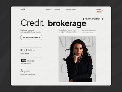 website for online brokerage course credit bank magazine design branding broker business concept course credit design designer graphic design landing magazine minimalism online realtor site ui ux website white woman