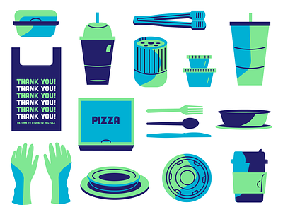 Restaurant Supply Icon Set (blue & green) bowl cold cup pizza box restaurant restaurant supply rubber gloves to go container tongs utensils