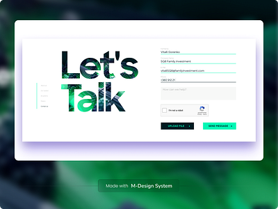Contact Us | M-Design System 3d big letters clean contact contact form contact us footer get in touch graphic design green lan landing page mdesign minimal product design testimonials ui web website white
