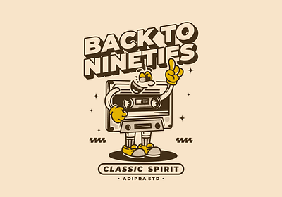 Back to nineties. Tape cassette character vintage illustration