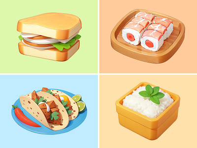 Food Icon Illustration 3d burger cartoon cute eat food icon illustration pastel rendering rice sushi taco