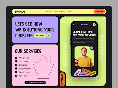 Buraqlab Services agency bold clean design design agency digital agency digital services figma landing page mobile app design modern design problem services solutions ui uiux design ux webdesign website website design