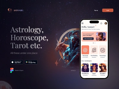 Atsrovate | Promotional Landing Page application design astrology astrology app design figma landing page modern design product design product promotion promotional page psychic trending design ui ui design ux ux design web page webdesign webpage website