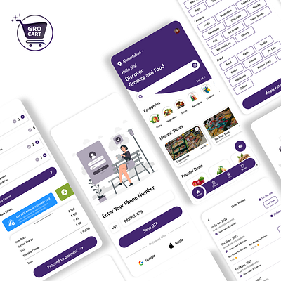 Gro Cart - The Online Grocery App adobe illustrator branding case study design figma grocery logo online shopping typography ui uiux wireframe