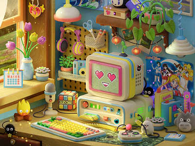 Spring gaming room 3d 3dart blender cartoon characterdesign cozy cute diorama isometric pixel render retro spring totoro