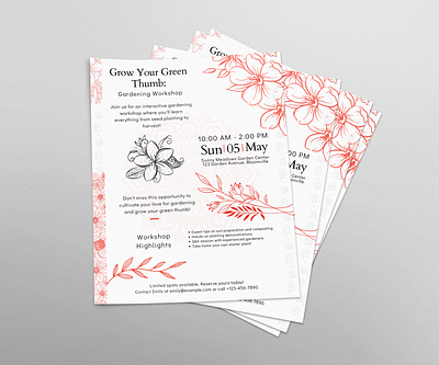 Gardening workshop : Flyer Template botanicaldesign flyer inspiration flyer template flyertemplate gardenevent gardeningworkshop gardenworkshop graphicdesign greenthumb natureinspired organicgardening outdoorlearning printdesign springworkshop workshop template