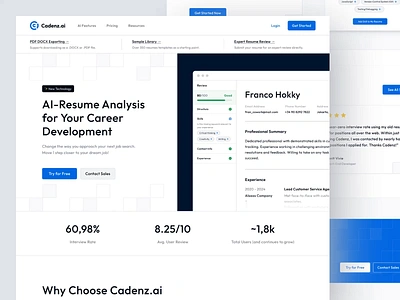 Cadenz.ai - CV Checker Landing Page animation artificial intelligance b2b clean creative curriculum vitae dipa inhouse framer homepage landing page resume resume builder saas simple startup ui ui design web design webflow website