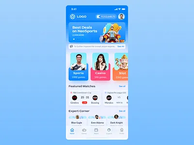 NeoSports App blue graphic design sport betting ui
