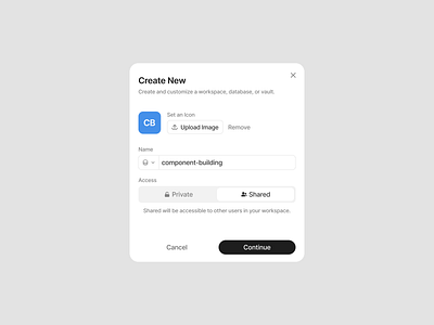 Create Workspace Modal access app card component database design design system figma import input field landing page minimalist modal sharing ui ui design ui kit upload widget workspace