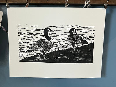 Waterfowl Birds block printing drawing fine art geese goose lakefront linocut printmaking