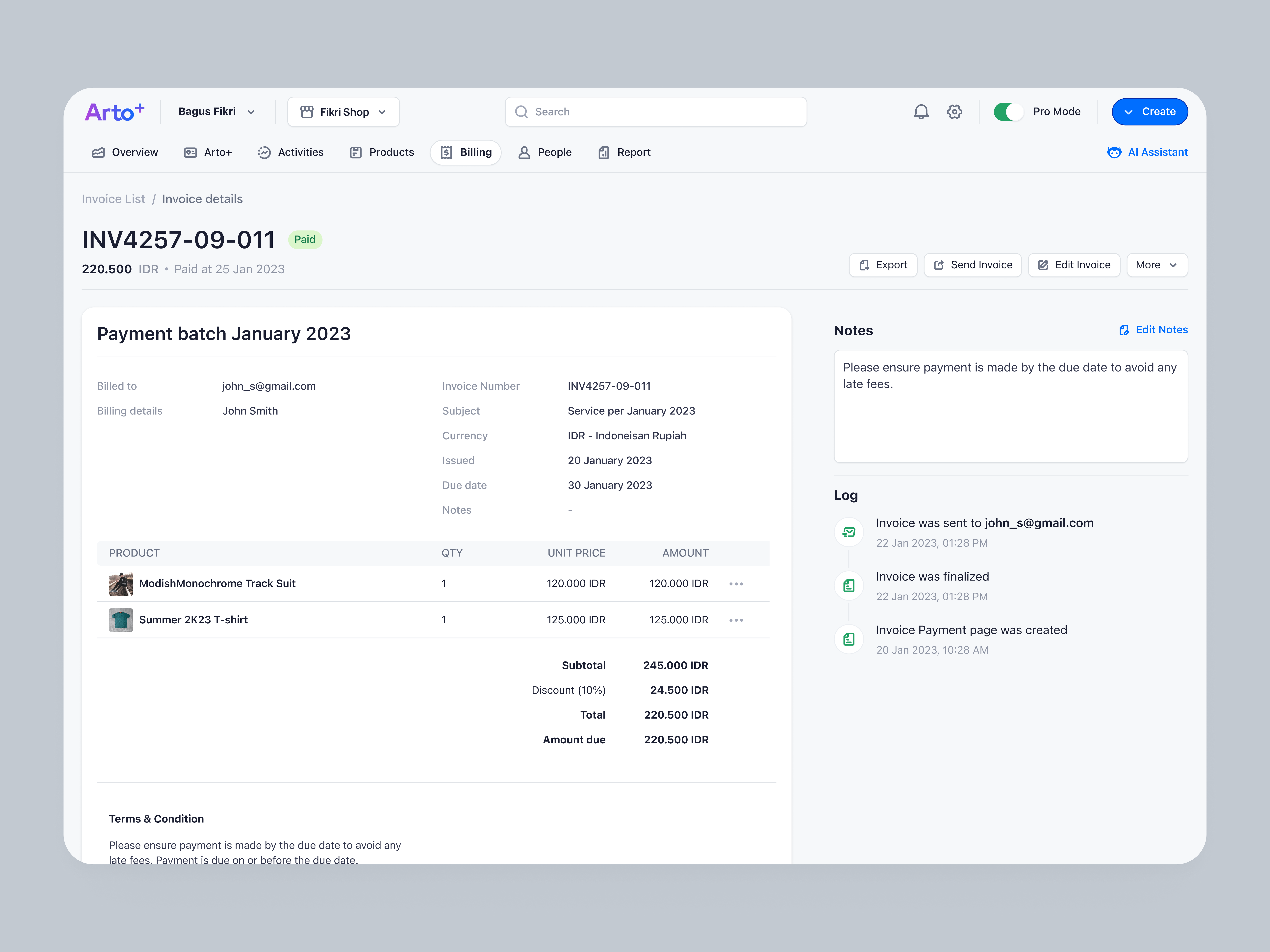 Arto Plus - Billing Invoice - Invoice Details app billing export invoice detail invoicing payment product design saas saas design transactions ui ux web design