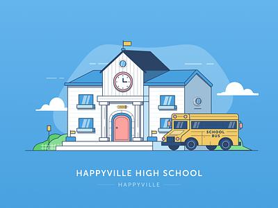 Happyville High building bus highschool illustration school school bus