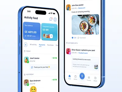 Wallet. Mobile App for P2P payments activity app blue branding design events feed friends invite payment screen social feed ui ux wallet