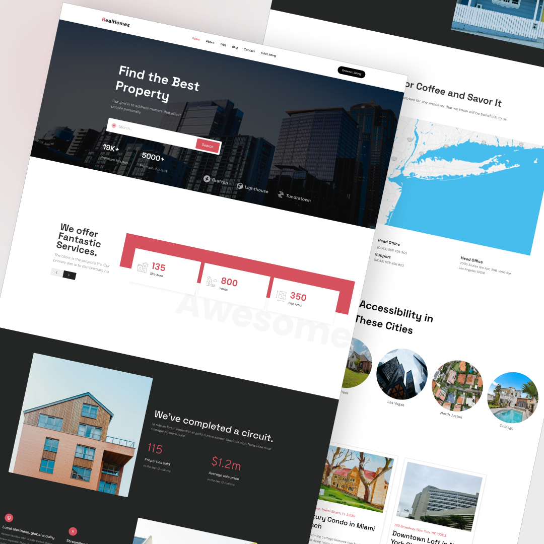 RealHomez real estate website client testimonials home search mortgage calculator property listings property portfolio real estate agents real estate website uiux design virtual tours website design