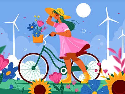 Welcome Spring 🌸 2b2 bicycle blue branding character design flowers freepik girl illustration illustrator spring sun tech ui vector wind