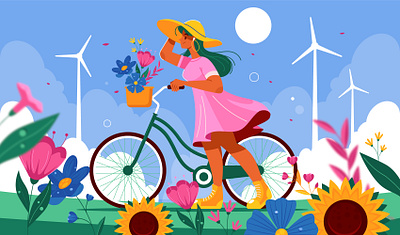 Welcome Spring 🌸 2b2 bicycle blue branding character design flowers freepik girl illustration illustrator spring sun tech ui vector wind