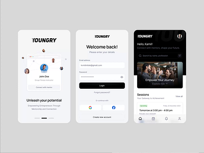 YOUNGRY - mentoring app animation application black certificat connect courses homework learn learning login mentor mobile onboarding people platform qualification quality search sign in white