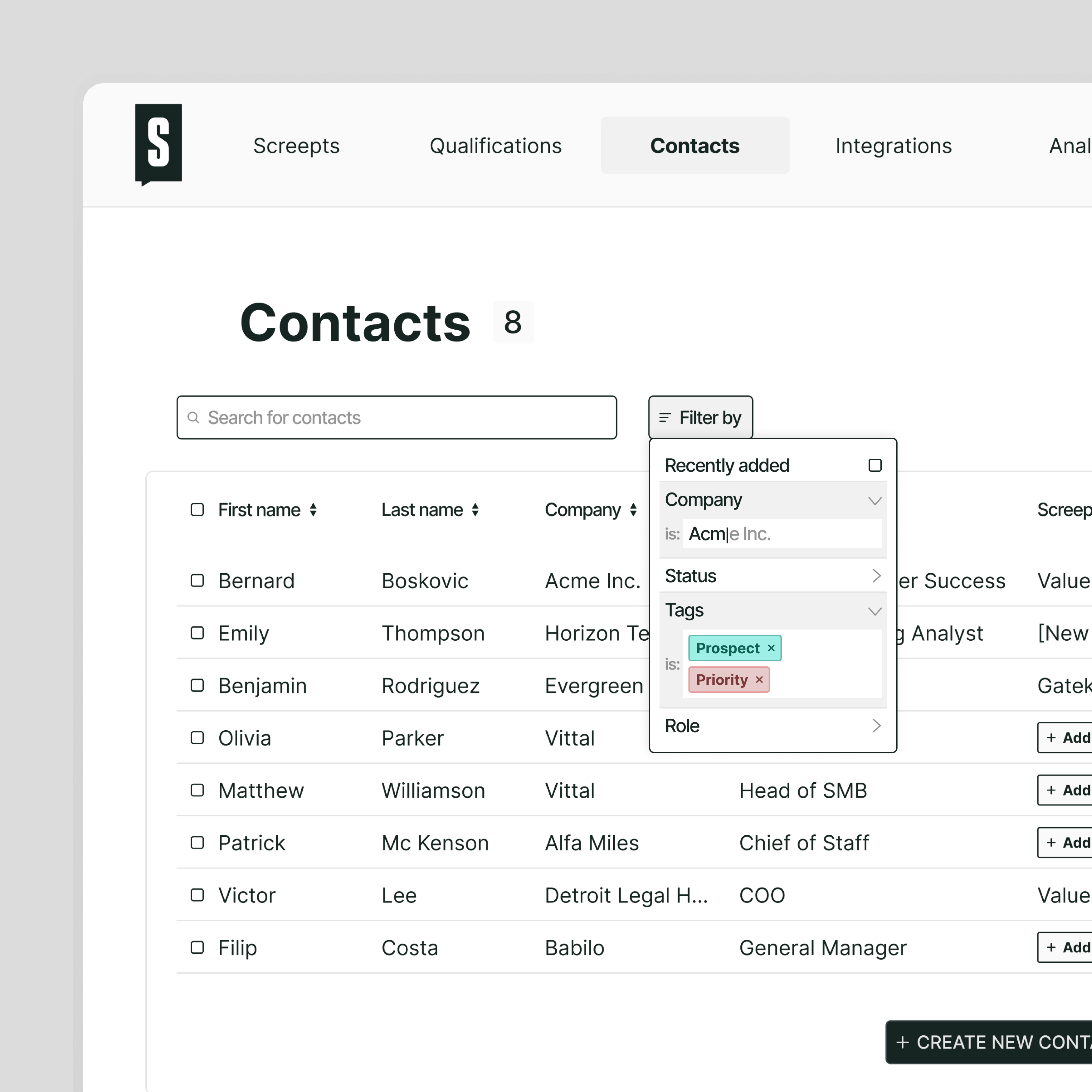 Filter contacts list app filter filtering icon panel product design saas saas design sales enablement tags ui