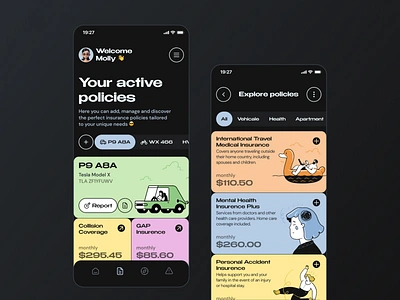 Modern Insurance Mobile App advisor aiassistant app design assistant bigandbold blocks brutalist car insurance financial illustrations insurance insurance management insuranceapp mobile mobile app neobrutalism policies policyapp ui