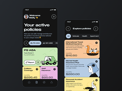 Modern Insurance Mobile App advisor aiassistant app design assistant bigandbold blocks brutalist car insurance financial illustrations insurance insurance management insuranceapp mobile mobile app neobrutalism policies policyapp ui