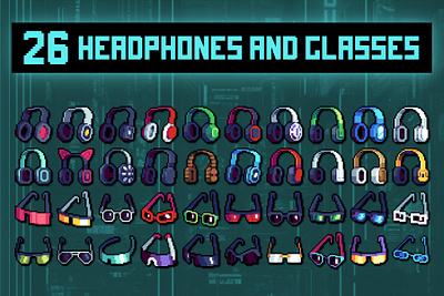 Headphones and Glasses Pixel Icon Set 2d 32x32 art asset assets craftpix cyberpunk game game assets gamedev icon icone icons indie indie game pack pixel pixelart pixelated set