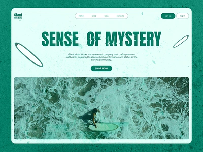 design concept of the first screen for surfboard company website e commerce green color ui ux website