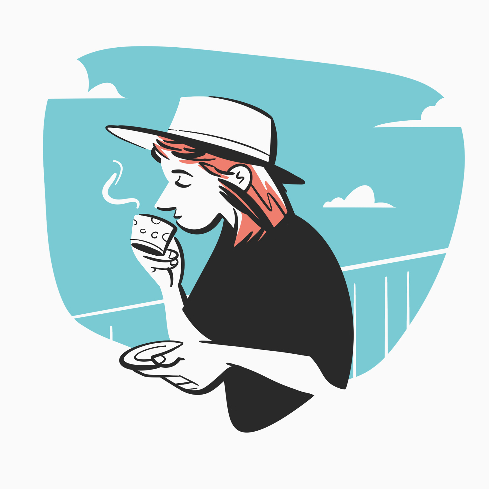 Morning Coffee Sketch artwork character coffee digital art drawing drink hat illustration minimalist sketch sky woman