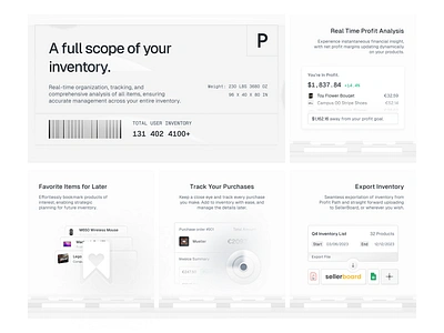 Inventory Bento Grid bento bento box export favorite grid illustration inventory profit saas section track ui ux web design