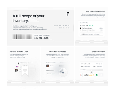 Inventory Bento Grid bento bento box export favorite grid illustration inventory profit saas section track ui ux web design