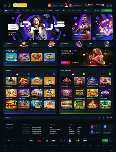 Bet100 main page art bet betting casino design gambling game live poker sport ui ux