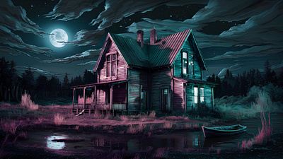 Mysterious old house under moonlit night sky spooky