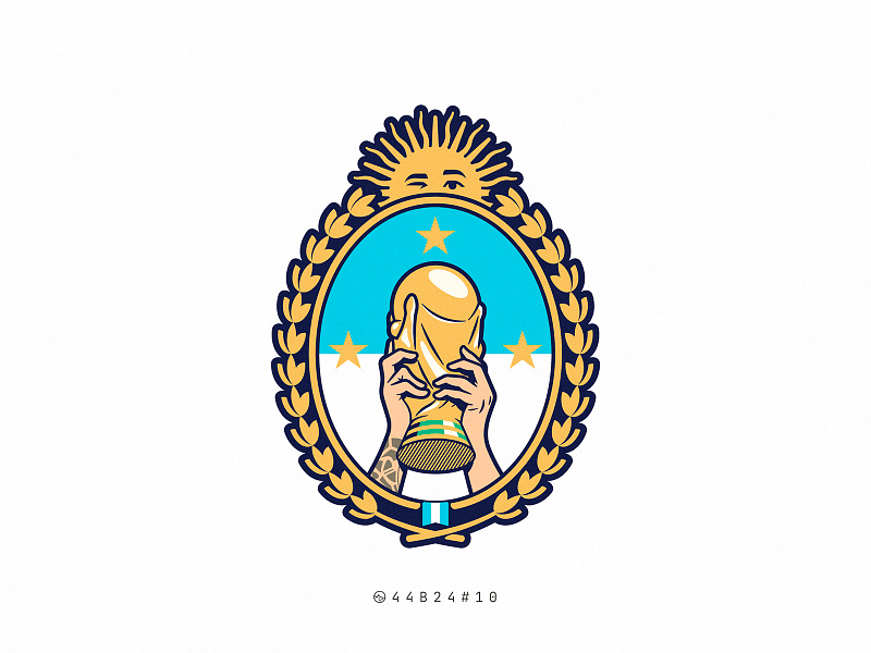 44B24#10 argentina badge champion coat of arms design fifa flag football illustration logo mayo messi retro shield soccer sticker sun vintage world cup